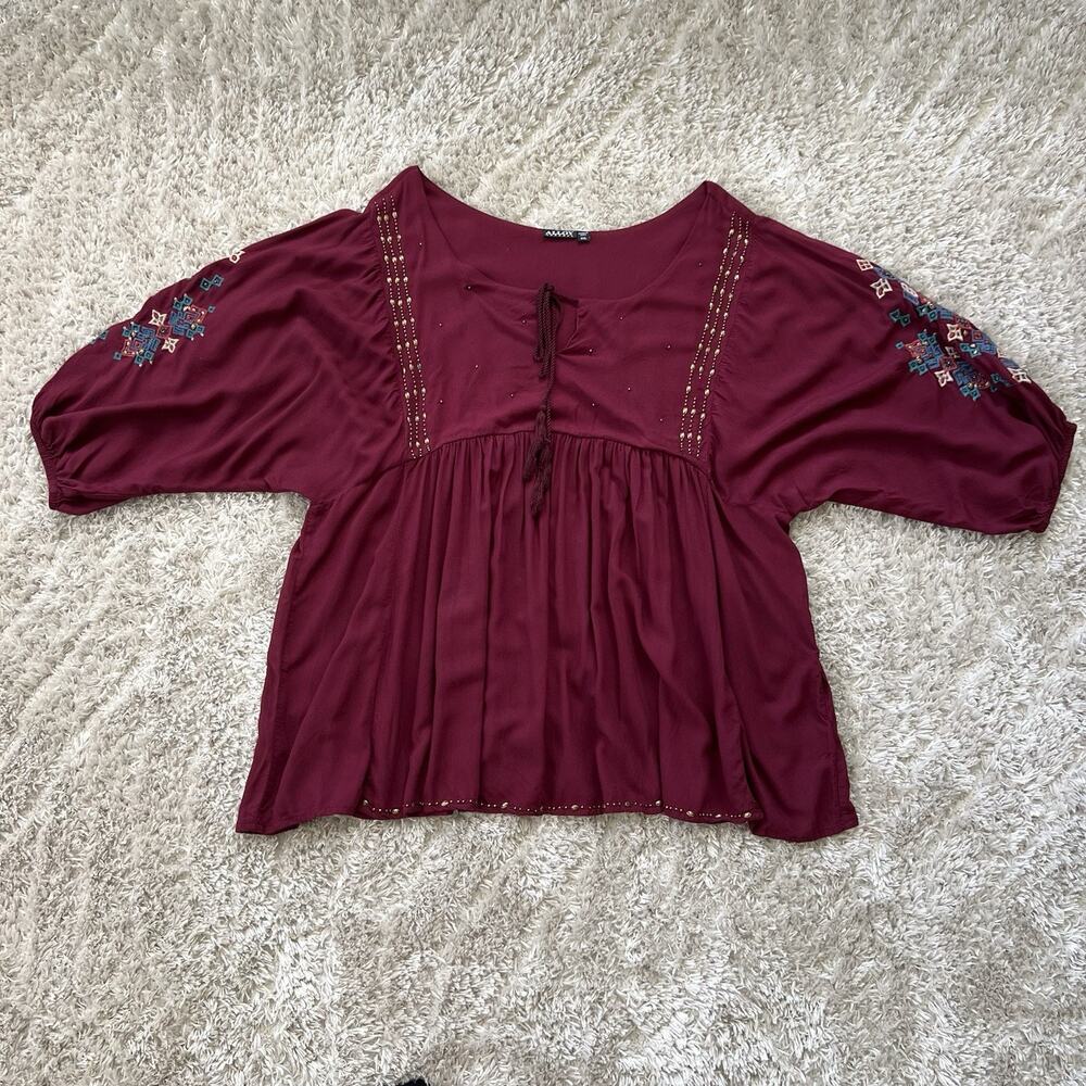 ALLOY Apparel Boho 3/4 Sleeves Tunic Top Women Plus Size XXL Beaded Peplum Wine